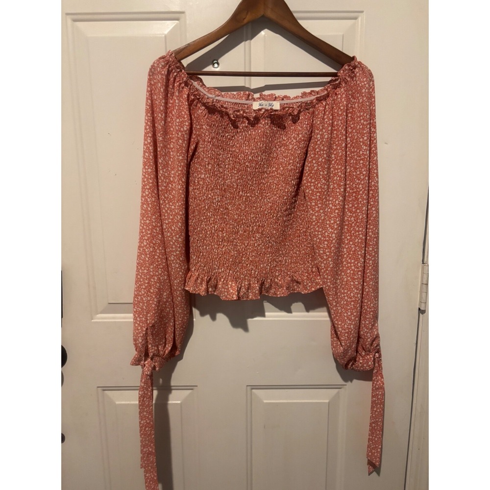 She+Sky Blouse Boho Women's Crop Top White Floral Smocked Large Long Sleeve